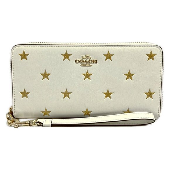 Auth COACH Long Zip Around Wallet Star Print CW479 Cream Gold Leather - - Picture 1 of 8